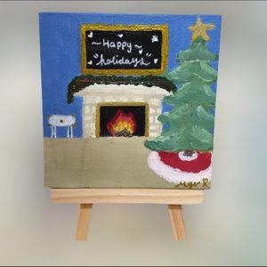 Mini Hand painted “holiday fireplace ”setting. Comes with a mini easel. 4x4 inch
